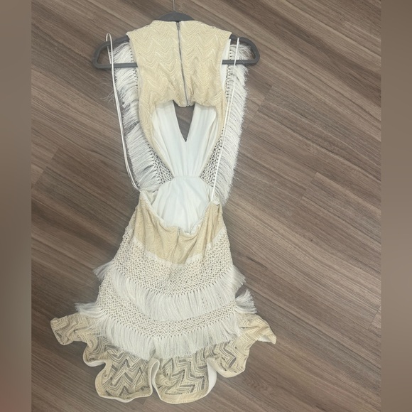 PATBO X ALESSANDRA PLUNGE FRINGE TRIM MINI DRESS CREAM SIZE US 4 / BRA 36 - Picture 4 of 5
